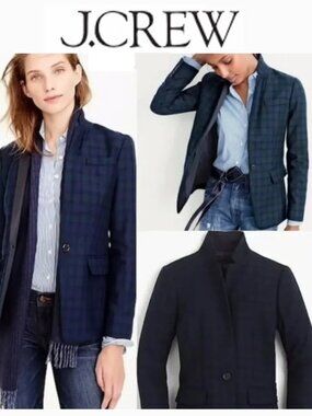 J.Crew Regent Tartan Wool Blazer Satin Trim Size 12 Navy Black
